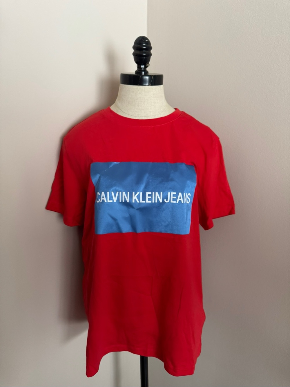Calvin Klein Jeans Red Tee with Blue Logo Panel